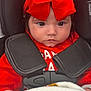 Alix joined the competition — help win amazing prizes! baby, child, red_bow, red_clothing, car_seat, blanket, holiday, festive, indoors, face, straps, closeup, cute, infant, expressionless, person, seatbelt, warm, toddler, winter