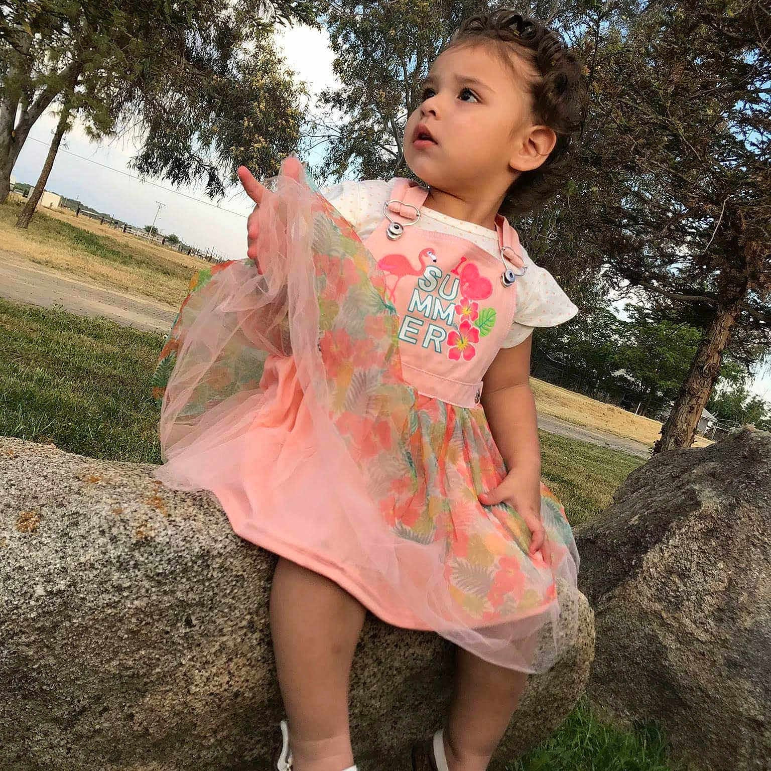 Kaylene is registered to the contest to win money with this photo: beauty, child, child_model, clothing, costume, dress, footwear, fun, grass, pattern, peach, person, pink, skin, smile, summer, textile, toddler, tree, vacation