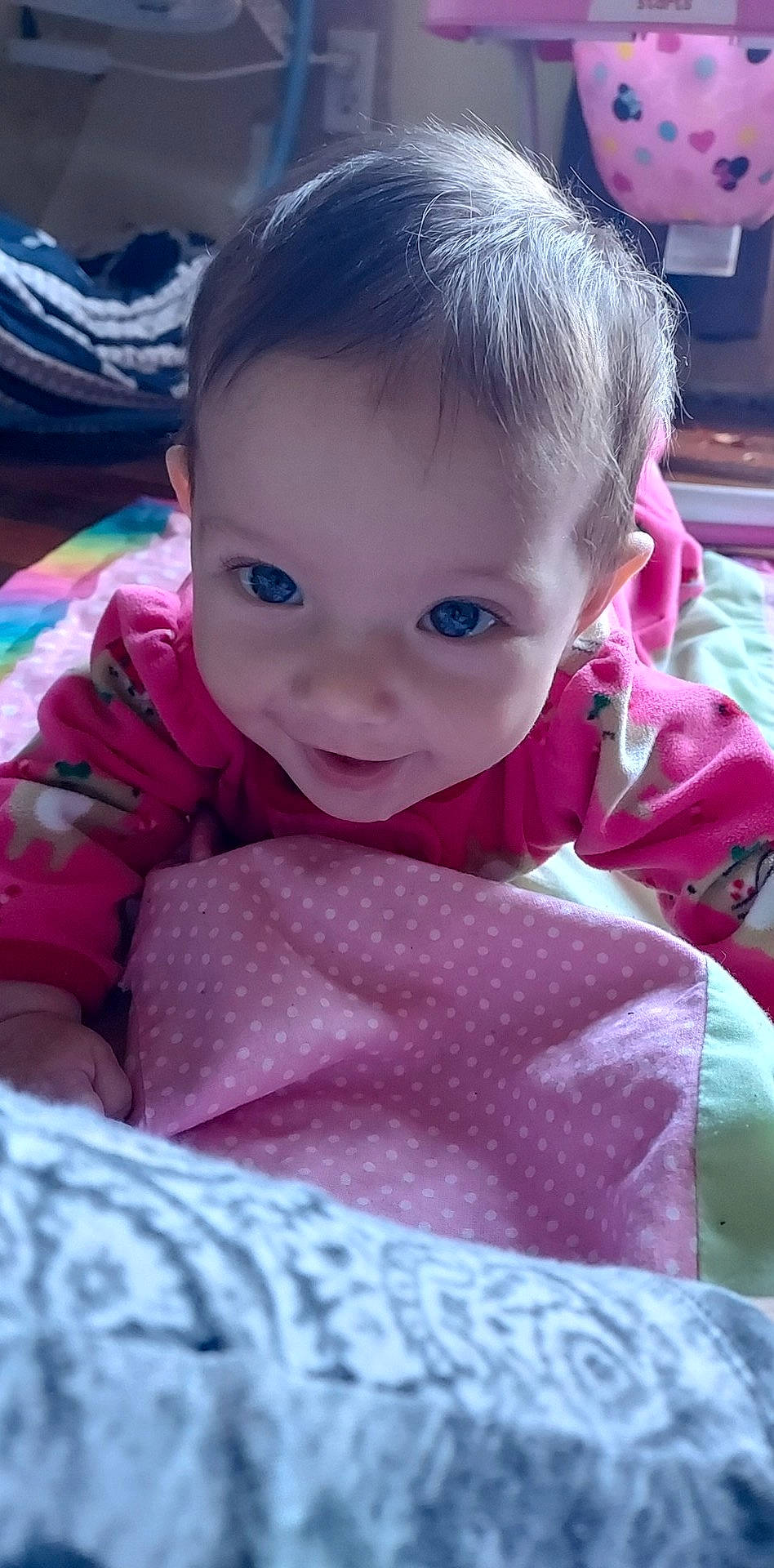 Guinevere is registered to the contest to win money with this photo: baby, baby_toddler_clothing, cheek, chin, comfort, eyebrow, facial_expression, happy, iris, lip, magenta, mouth, nose, person, pink, product, purple, skin, smile, textile