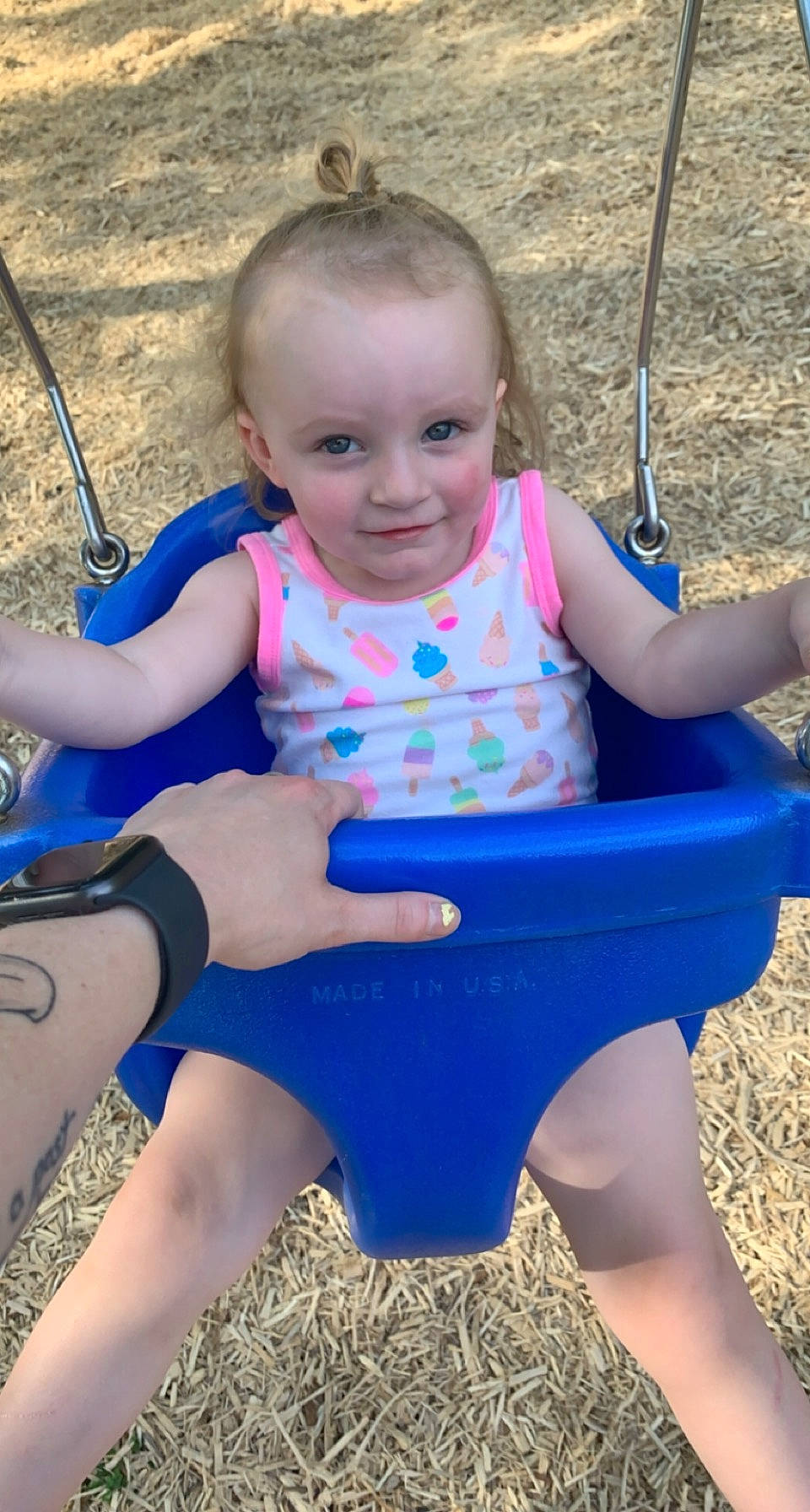 Sadie joined the competition — help win amazing prizes! azure, baby_toddler_clothing, blue, child, electric_blue, face, facial_expression, fun, grass, hairstyle, happy, joy, leg, leisure, person, pink, product, skin, smile, swing