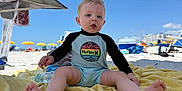 Carter joined the competition — help win amazing prizes! baby_bottle, beach, child, clothing, daytime, foot, legs, outdoor, person, rash_guard, relaxation, sand, sitting, sky, summer, sunny, toddler, towel, umbrella, vacation