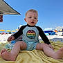 baby_bottle, beach, child, clothing, daytime, foot, legs, outdoor, person, rash_guard, relaxation, sand, sitting, sky, summer, sunny, toddler, towel, umbrella, vacation
