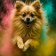 Migui a rejoint le concours — aidez-le/la à gagner de superbes lots ! dog, fluffy, happy, running, color_powder, explosion, outdoor, grass, portrait, joyful, animal, fur, energetic, smiling, vibrant_colors, motion, cute, playful, pomeranian, dynamic