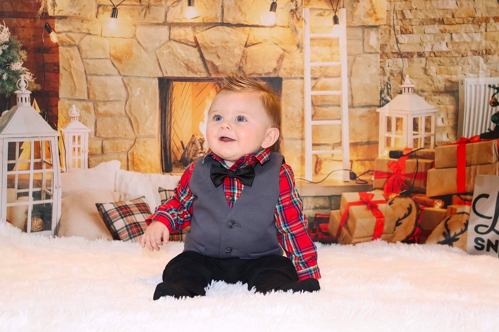 Drew joined the competition — help win amazing prizes! baby, baby_laughing, baby_toddler_clothing, child, christmas, christmas_decoration, cottage, dollhouse, home, house, ornament, overall, person, pet_supply, snow, toddler, toy, winter