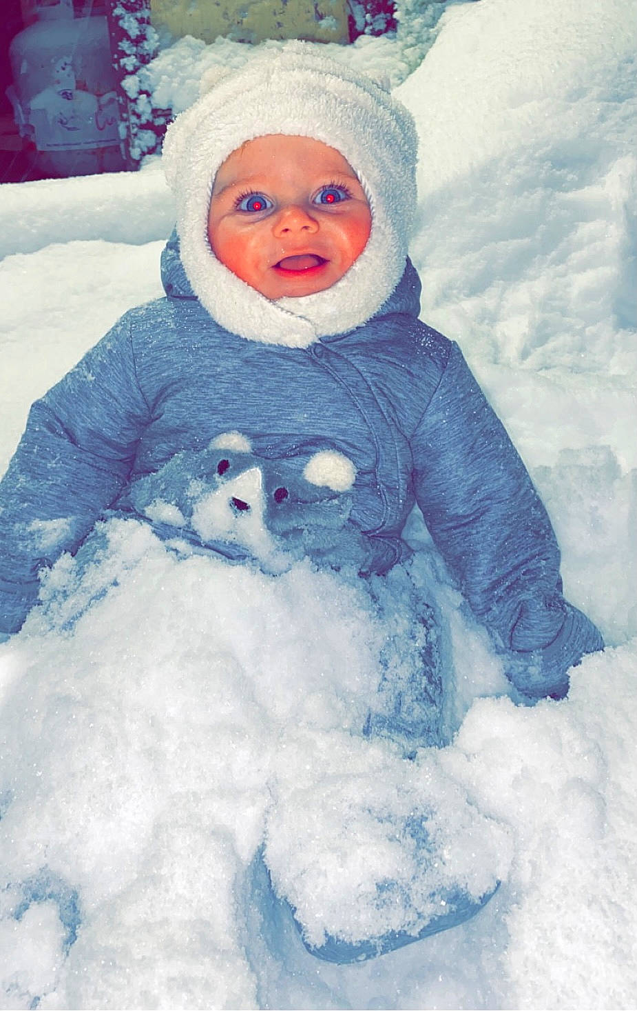 Drew joined the competition — help win amazing prizes! baby, baby_toddler_clothing, cheek, face, facial_expression, freezing, happy, head, headgear, headwear, human_body, jacket, nose, outerwear, person, photograph, pink, skin, sleeve, snow