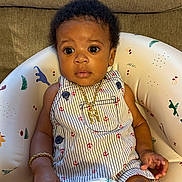 Rasheed is registered to the contest to win money with this photo: baby, infant, child, romper, gold_bracelet, gold_necklace, baby_seat, animal_prints, curly_hair, wide_eyes, striped_clothing, indoor, cute, sitting, portrait, accessories, clothing, person, closeup, baby_toy