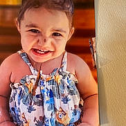 Liliana is registered to the contest to win money with this photo: toddler, child, smile, dress, floral_pattern, cute, portrait, printed_photo, taped_photo, wall, indoors, happy, face, person, clothing, young_child, baby, colorful, texture, photograph