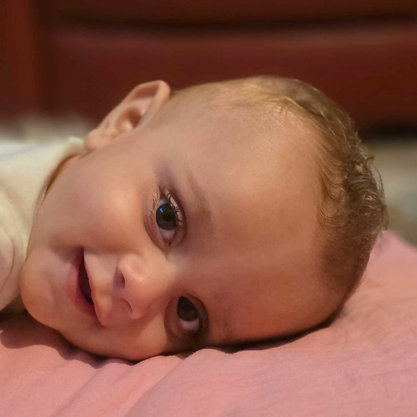 Maïwell a rejoint le concours — aidez-le/la à gagner de superbes lots ! baby, background_blur, child, close_up, cute, eyes, face, happy, head, indoors, infant, lying_down, person, pink_blanket, portrait, skin, smiling, soft_lighting, toddler, young