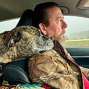 Bella is registered to the contest to win money with this photo: man, dog, car, seat, jacket, camouflage, brindle, headrest, patterned_bag, window, side_profile, beard, driving, pet, resting, shoulder, interior, seatbelt, travel, road