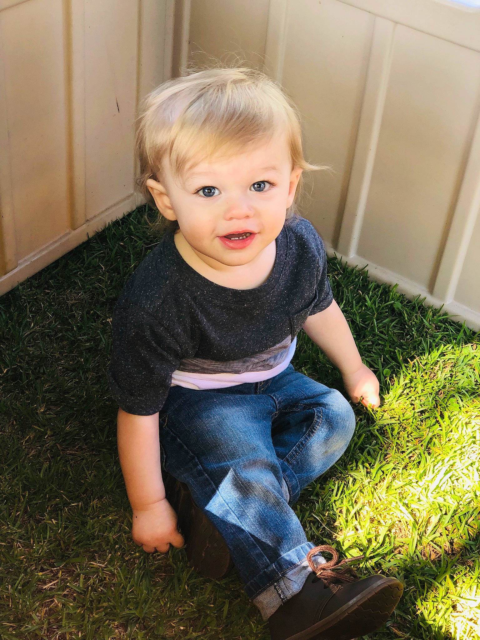 Ransom joined the competition — help win amazing prizes! baby, blond, child, grass, person, sitting, smile, toddler