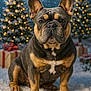 dog, french_bulldog, snow, christmas_tree, holiday, winter, snowfall, present, festive, decorations, pet, animal, cute, ears, portrait, outdoor, seasonal, lighting, christmas, celebration
