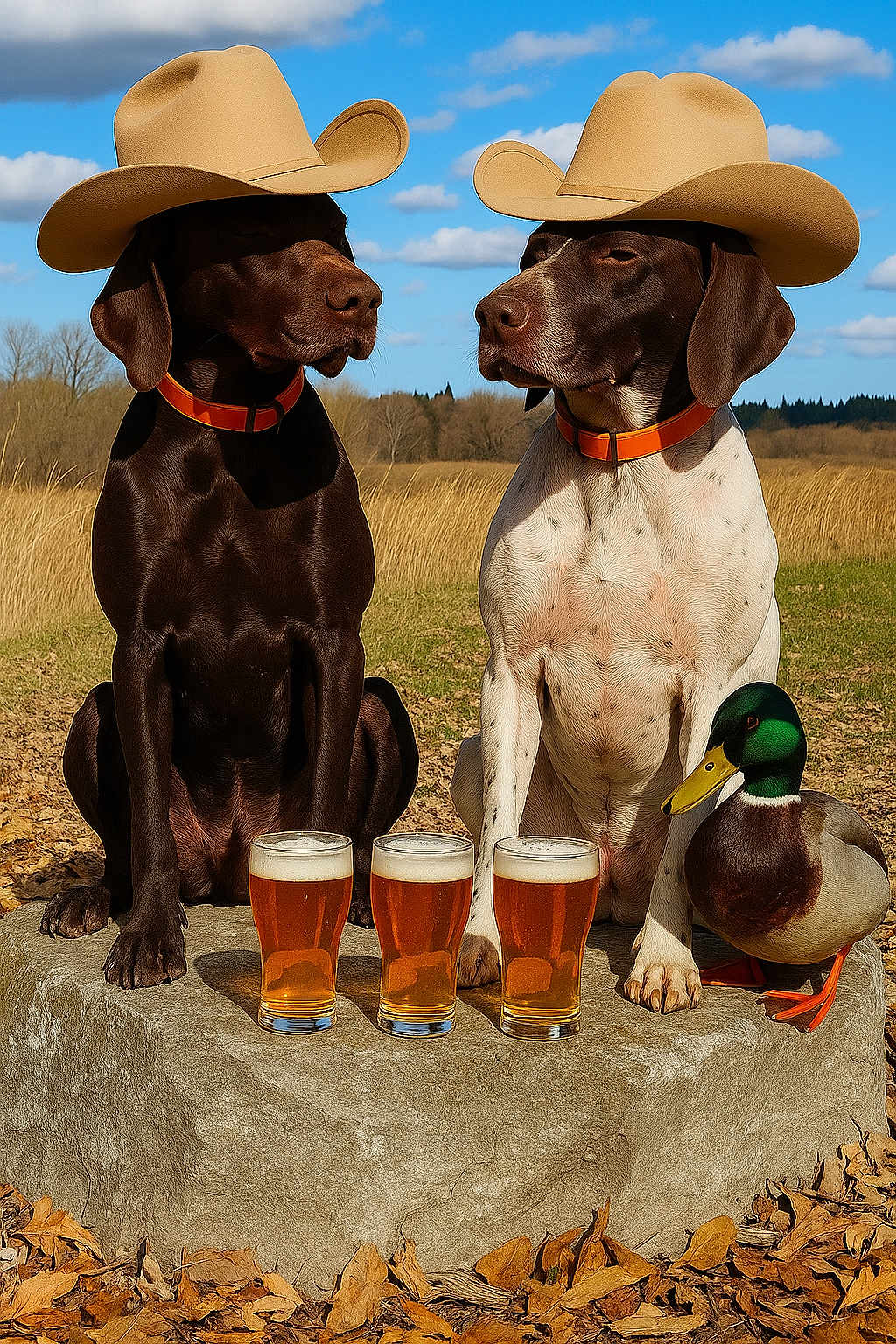 Hanz And Xo joined the competition — help win amazing prizes! dog, cowboy_hat, beer, glass, duck, outdoor, field, grass, sky, cloud, rock, animal, pet, brown_dog, white_dog, collar, nature, leaf, funny, portrait