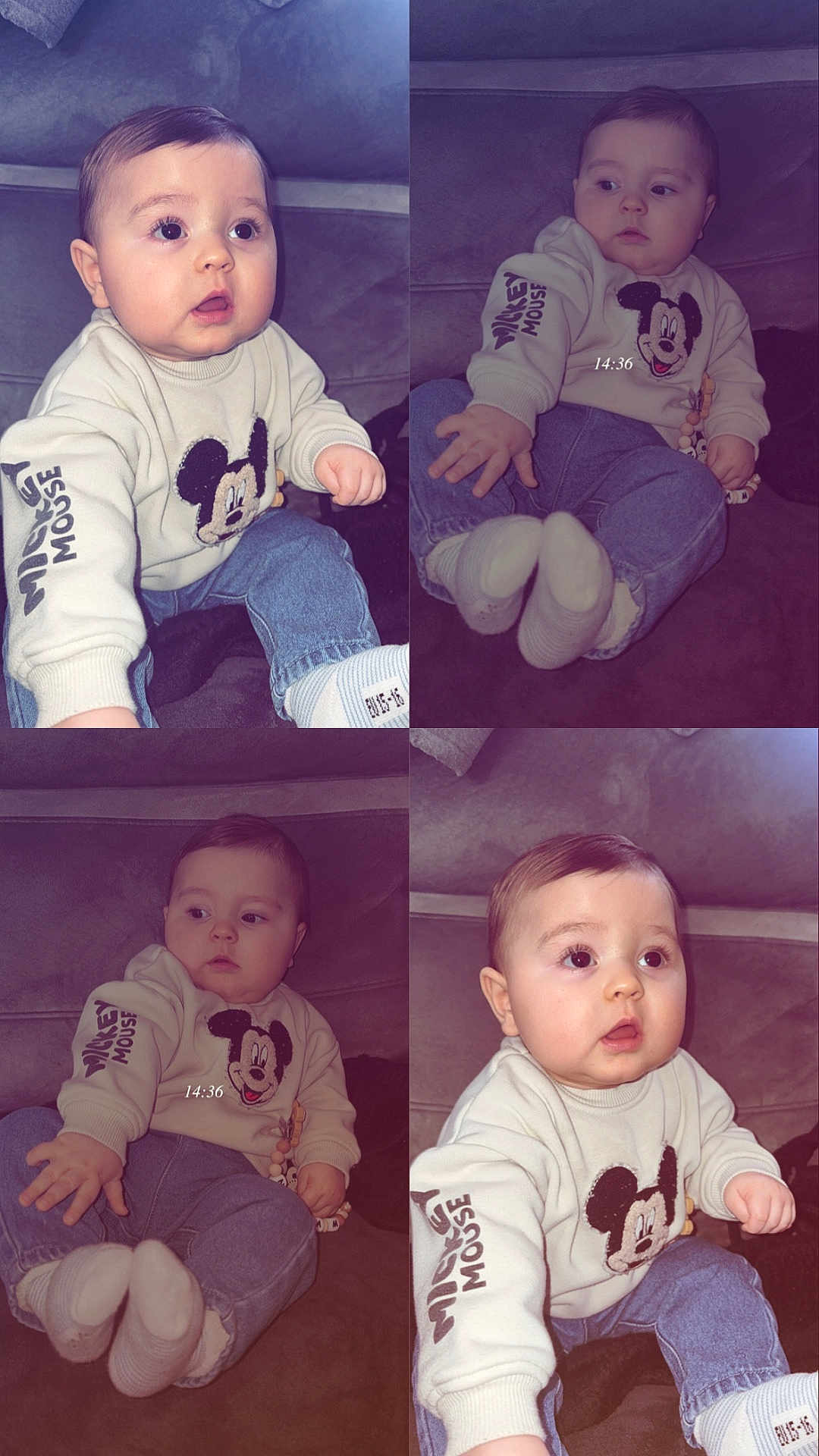 Noham participe au concours pour gagner de l'argent avec cette photo : baby, infant, child, toddler, mickey_mouse, sweatshirt, jeans, socks, couch, sofa, sitting, portrait, collage, four_panel, wide_eyes, cute, indoor, soft_lighting, beaded_teether, cozy