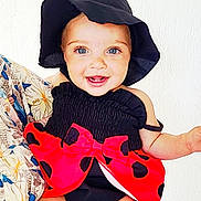 Carmen a rejoint le concours — aidez-le/la à gagner de superbes lots ! arm, baby, black, black_hat, bow, child, cute, floral_clothing, hand, happy, hat, infant, ladybug_outfit, person, polka_dots, portrait, red, skin, smiling, white_background