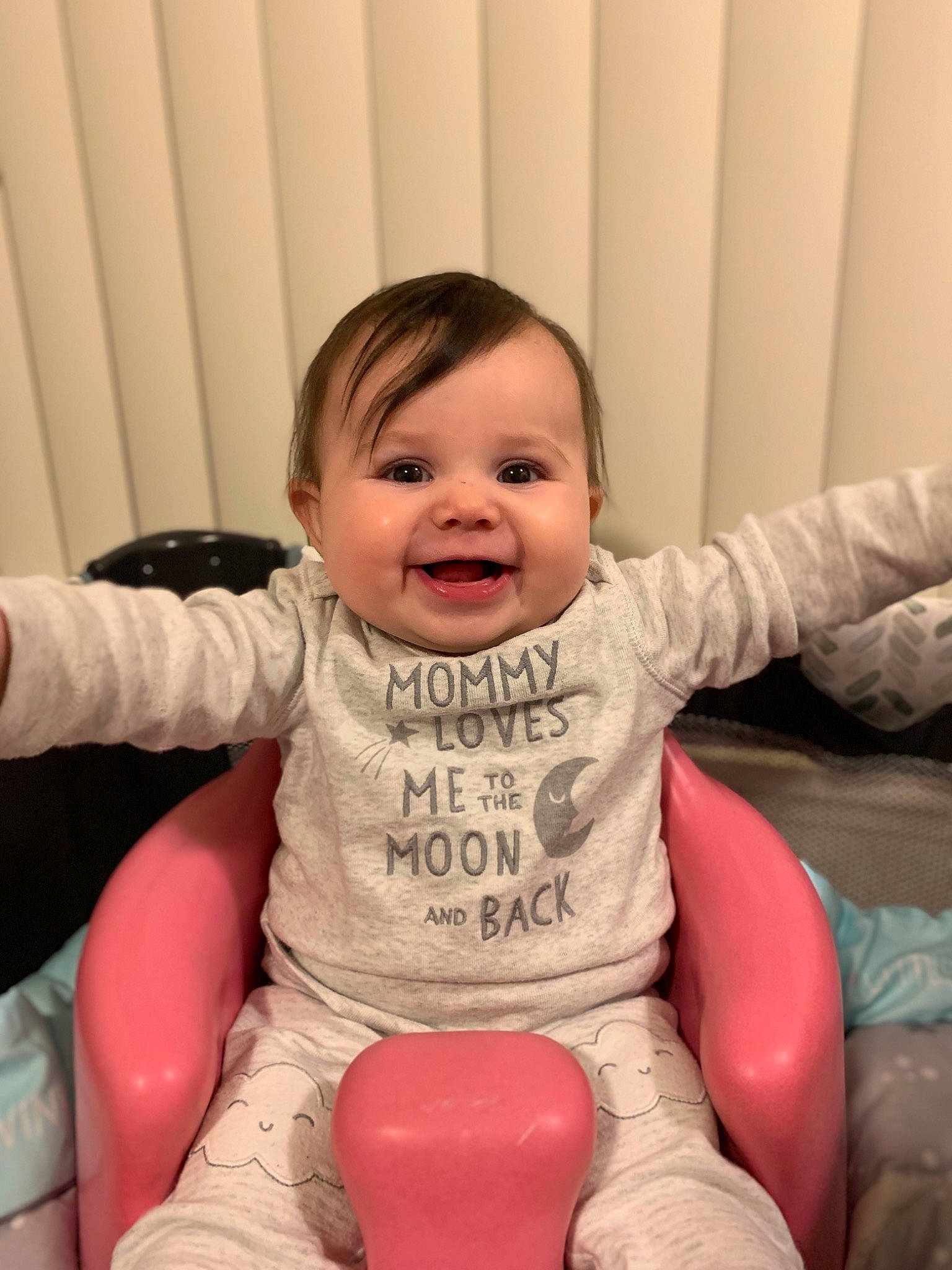 Evangeline joined the competition — help win amazing prizes! baby, baby_products, baby_toddler_clothing, cheek, child, daughter, face, facial_expression, fun, happy, joy, person, pink, play, sitting, skin, smile, toddler