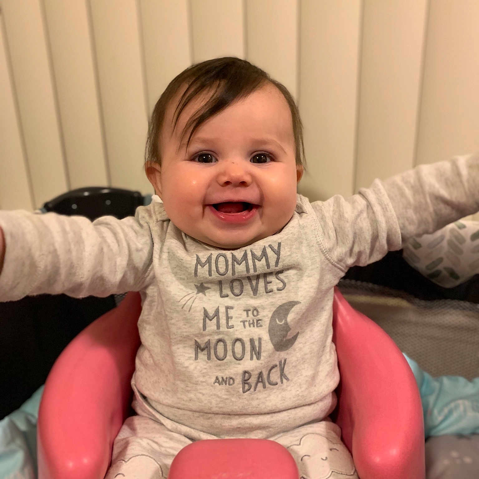 Evangeline joined the competition — help win amazing prizes! baby, baby_products, baby_toddler_clothing, cheek, child, daughter, face, facial_expression, fun, happy, joy, person, pink, play, sitting, skin, smile, toddler