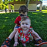 Lilah joined the competition — help win amazing prizes! baby, child, glasses, red_shirt, sneakers, grass, outdoor, park, tree, building, sunlight, greenery, playing, summer, cute, sitting, people, nature, happy, portrait