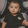 Thiago is registered to the contest to win money with this photo: toddler, child, portrait, black_polo, shorts, heart_background, studio, cute, serious, indoor, sitting, young_child, baby, person, fashion, hair, expression, face, hands, photography