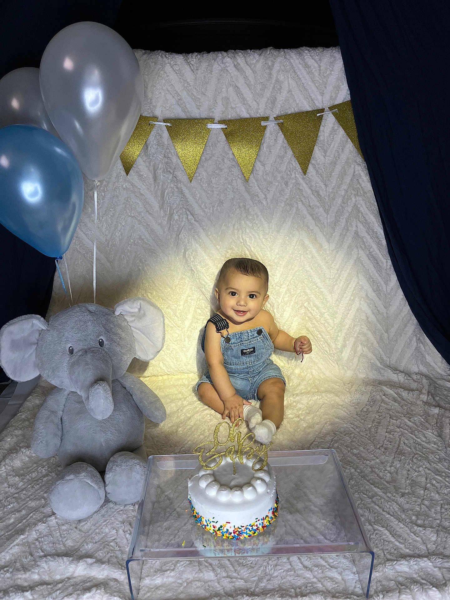 Thiago joined the competition — help win amazing prizes! baby, child, denim_overalls, smiling, plush_elephant, balloons, birthday_cake, sprinkles, white_blanket, gold_bunting, celebration, spotlight, cute, indoor, happy, sitting, portrait, party, decorations, festive