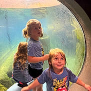 Anastasia joined the competition — help win amazing prizes! child, children, aquarium, underwater, window, blue_shirt, curly_hair, long_hair, shorts, sneakers, indoor, glass, round_window, smiling, curious, playful, light, reflection, person, young