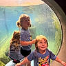 child, children, aquarium, underwater, window, blue_shirt, curly_hair, long_hair, shorts, sneakers, indoor, glass, round_window, smiling, curious, playful, light, reflection, person, young
