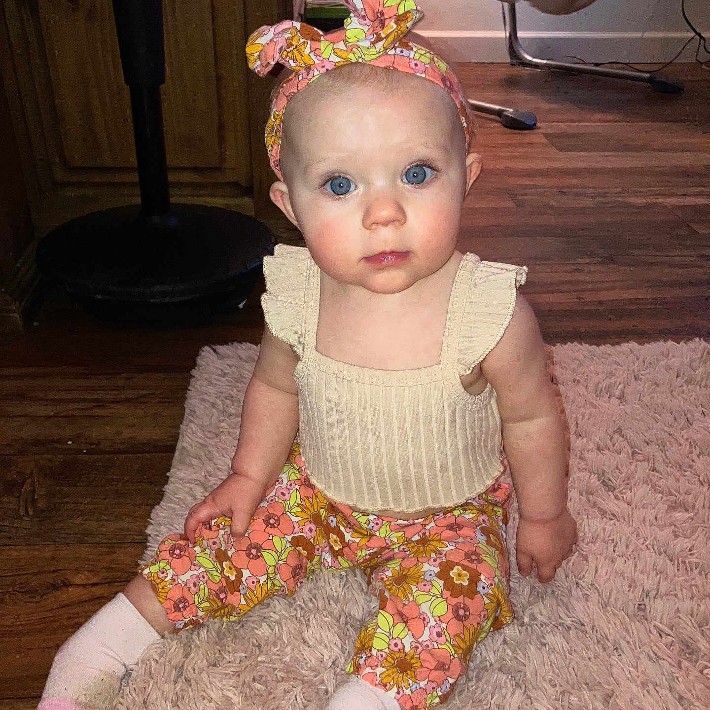 Gabriella joined the competition — help win amazing prizes! accessories, baby, clothing, couch, cushion, dress, face, furniture, hardwood, hat, head, homedecor, hosiery, pants, person, photography, portrait, sitting, sock, wood