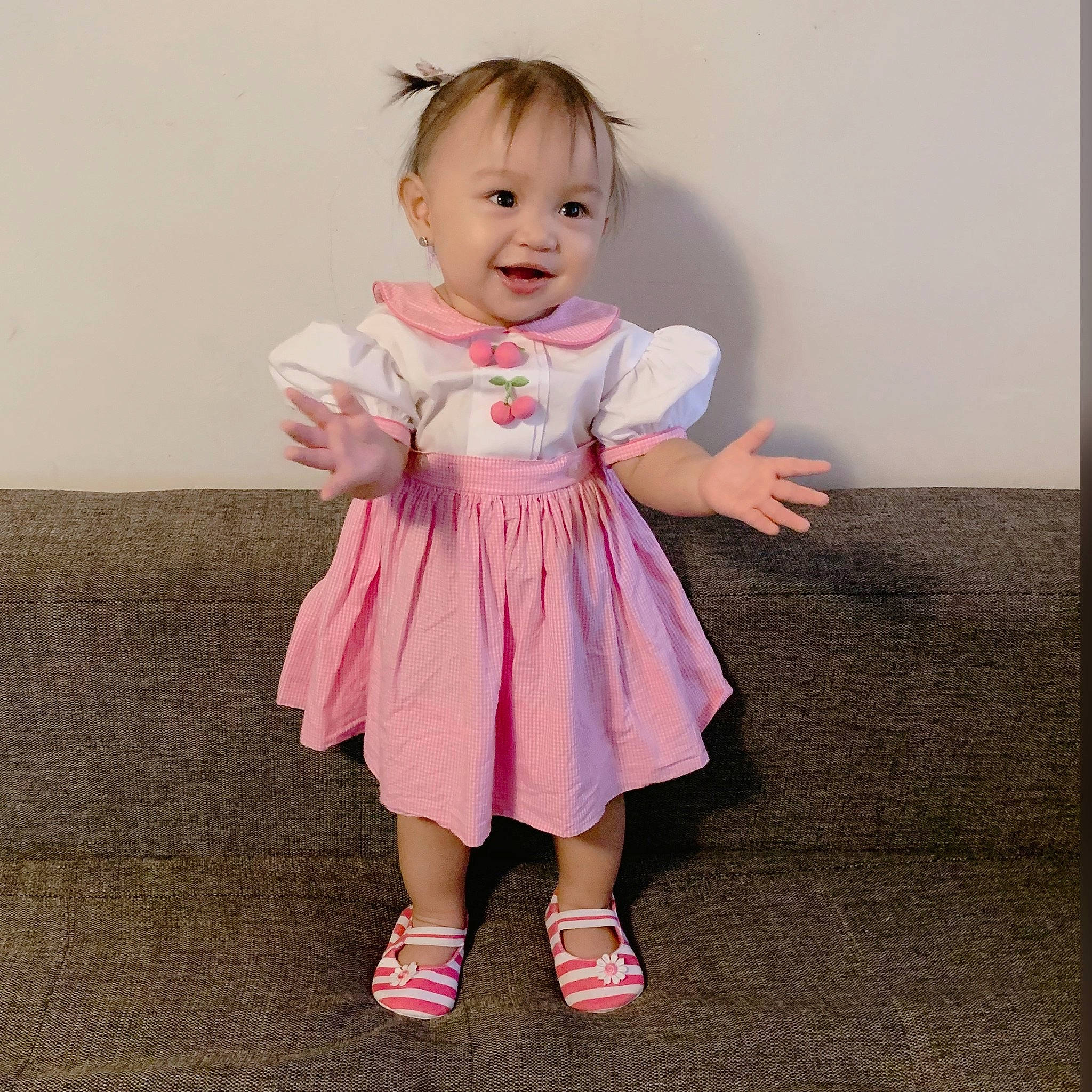 Nathalie joined the competition — help win amazing prizes! baby, baby_toddler_clothing, cheek, child, child_model, clothing, daughter, dress, eye, face, finger, hand, head, pattern, person, pink, skin, sleeve, smile, standing