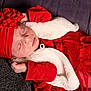 baby, child, closeup, cozy, cute, cute_outfit, fabric, hands, headband, holiday, indoors, infant, peaceful, portrait, red_clothing, resting, sleeping, soft_texture, toddler, white_vest