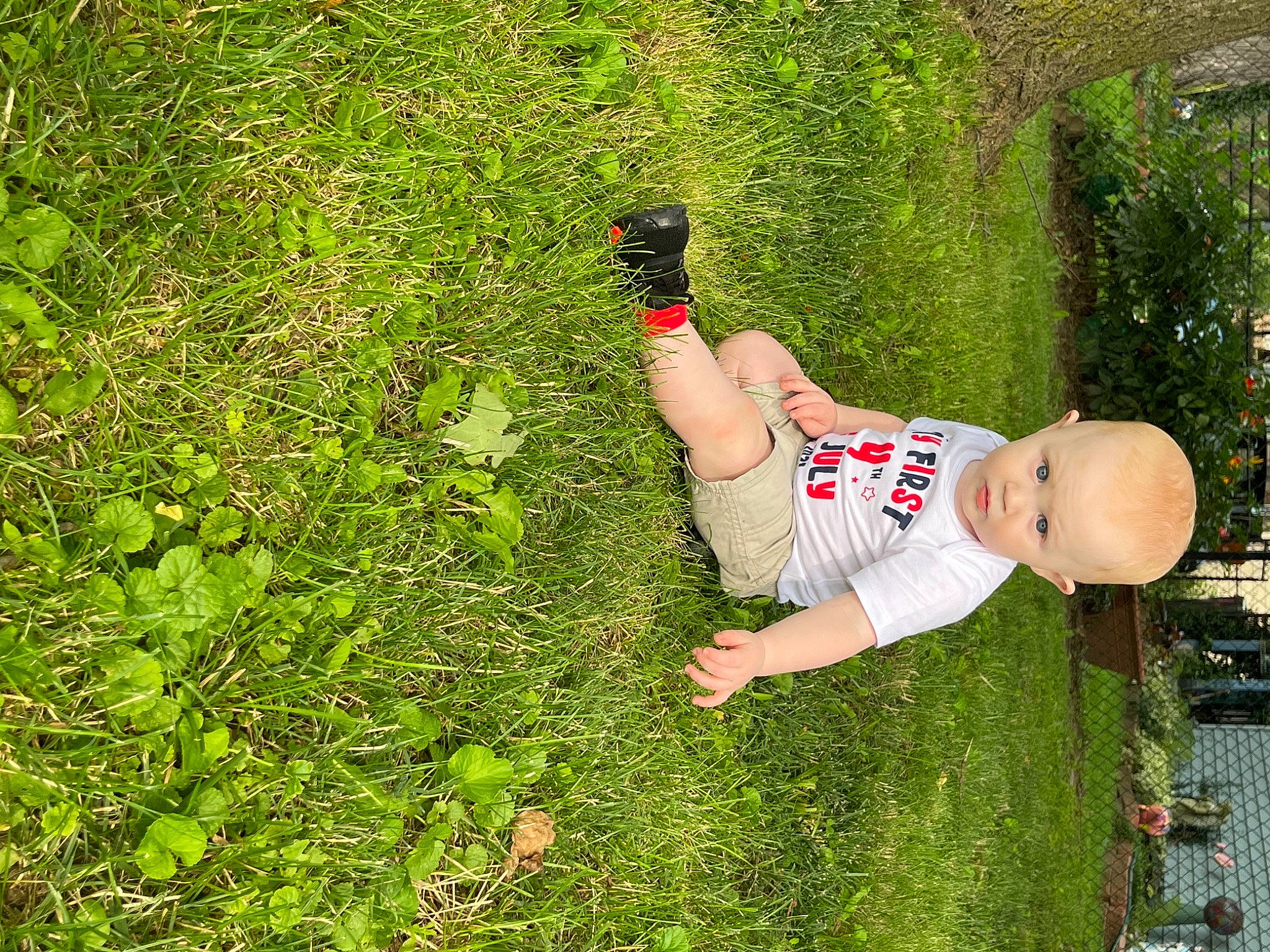 Landon joined the competition — help win amazing prizes! child, elbow, fun, garden, grass, grass_family, groundcover, happy, landscape, lawn, leisure, people_in_nature, person, plant, recreation, shrub, soil, t_shirt, thigh, tree