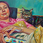 Censor joined the competition — help win amazing prizes! person, cat, tabby_cat, portrait, indoors, couch, blanket, lounging, sleepy, relaxed, pink_shirt, striped_cat, colorful, painting, digital_art, face, hands, textile, home, resting