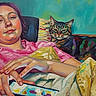 person, cat, tabby_cat, portrait, indoors, couch, blanket, lounging, sleepy, relaxed, pink_shirt, striped_cat, colorful, painting, digital_art, face, hands, textile, home, resting