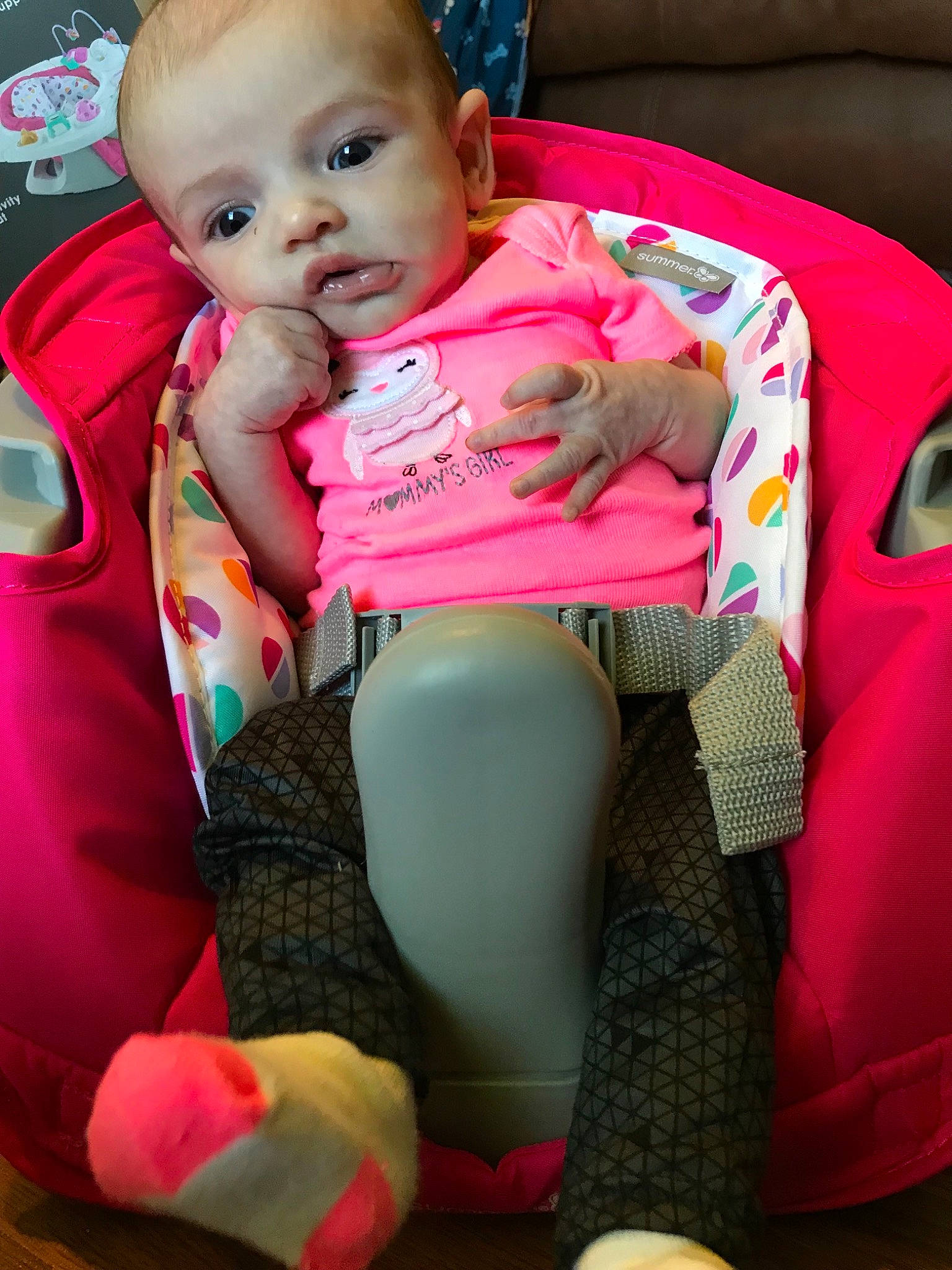 Baleigh is registered to the contest to win money with this photo: baby, baby_products, car_seat, cheek, child, person, pink, product, sitting, skin, toddler