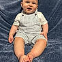Matteo joined the competition — help win amazing prizes! baby, child, smiling, sitting, blue_blanket, overalls, white_shirt, barefoot, cute, happy, infant, portrait, indoor, soft_texture, skin, face, legs, hands, feet, button