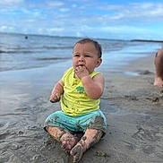Matteo is registered to the contest to win money with this photo: baby, child, sand, beach, water, sky, clouds, wet, sitting, curious, barefoot, summer, outdoor, nature, ocean, shore, muddy, playful, infant, casual_clothing