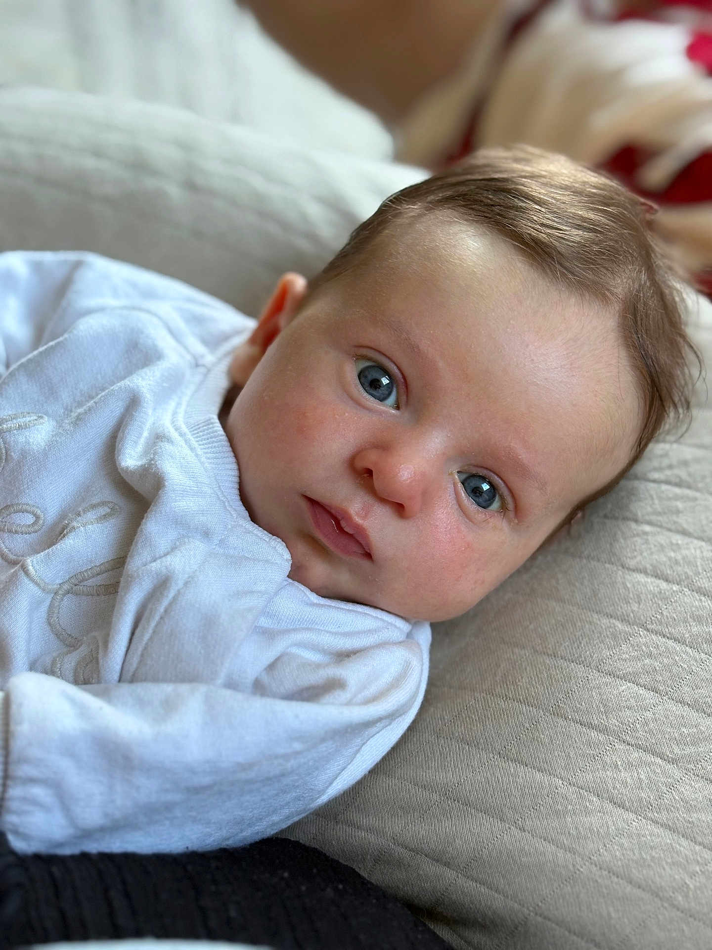 Naël participe au concours pour gagner de l'argent avec cette photo : baby, infant, face, blue_eyes, white_clothing, cushion, quilted, close_up, portrait, newborn, soft_light, skin, head, cute, laying_down, indoors, young_child, expression, person, baby_boy