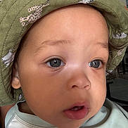 Newliel Dexier is registered to the contest to win money with this photo: animal_print, baby, blue_eyes, bucket_hat, casual, child, close_up, clothing, curious, cute, expression, face, hat, headwear, indoor, person, portrait, skin, toddler, young_child