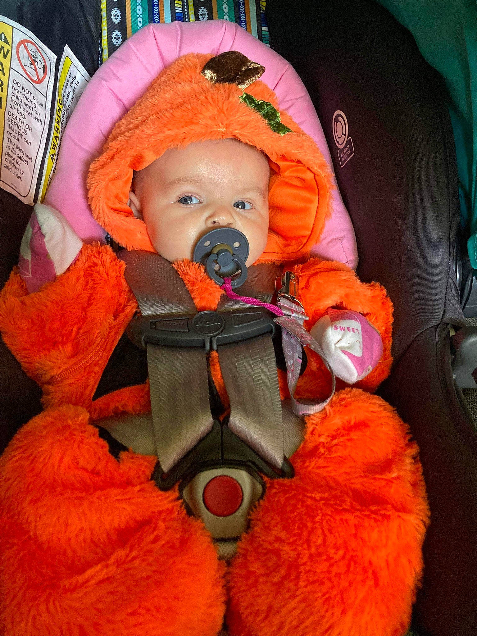 April is registered to the contest to win money with this photo: baby, baby_carriage, baby_products, baby_safety, baby_toddler_clothing, baby_toys, car_seat, carmine, child, comfort, costume, fun, glove, magenta, orange, person, personal_protective_equipment, pink, room, stuffed_toy