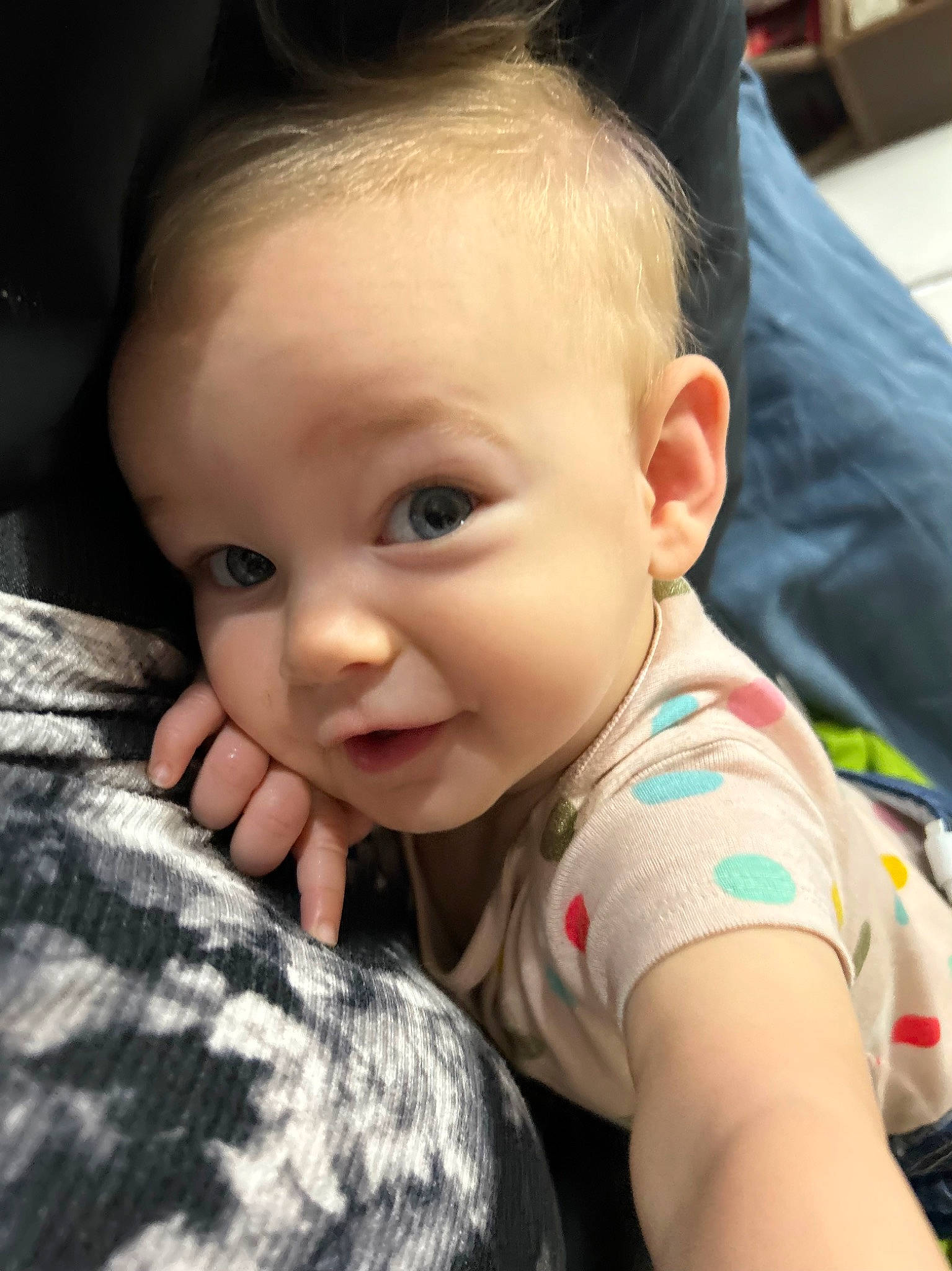 Cynthia is registered to the contest to win money with this photo: arm, baby, baby_toddler_clothing, cheek, child, comfort, cool, ear, elbow, eyelash, flash_photography, gesture, hairstyle, happy, iris, mammal, nose, person, skin, smile