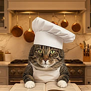 Skippy joined the competition — help win amazing prizes! animal_clothing, apron, cat, chef_hat, cookbook, copper_pots, costume, countertop, cute, domestic_animal, feline, focused, indoor, kitchen, marble_backdrop, pet, portrait, stove, tabby_cat, utensils
