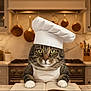 animal_clothing, apron, cat, chef_hat, cookbook, copper_pots, costume, countertop, cute, domestic_animal, feline, focused, indoor, kitchen, marble_backdrop, pet, portrait, stove, tabby_cat, utensils