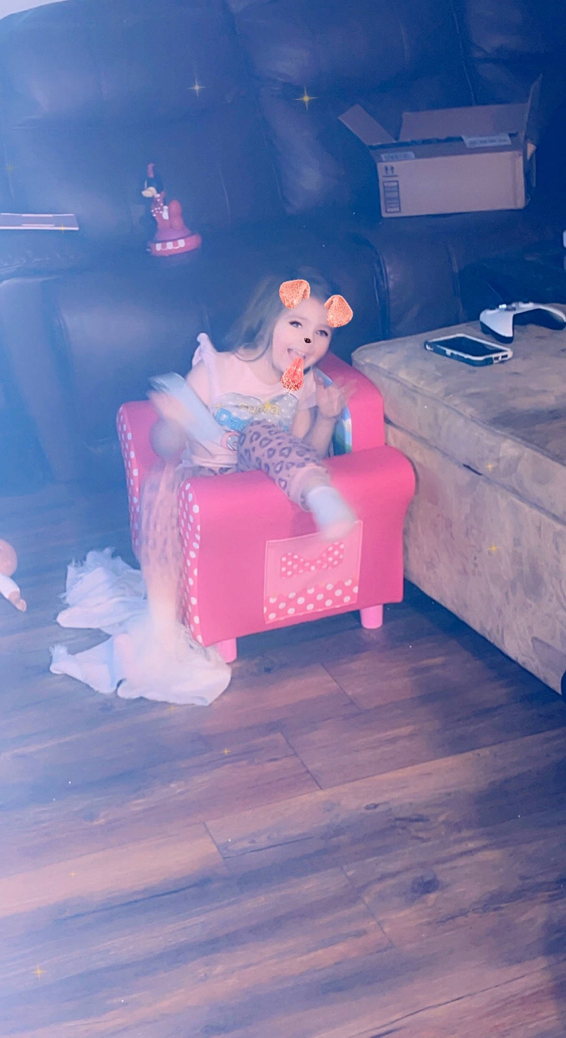 Kleigh joined the competition — help win amazing prizes! bench, chair, couch, dress, electric_blue, entertainment, event, flooring, fun, hardwood, headwear, leisure, magenta, performing_arts, person, pink, purple, room, sitting, stuffed_toy