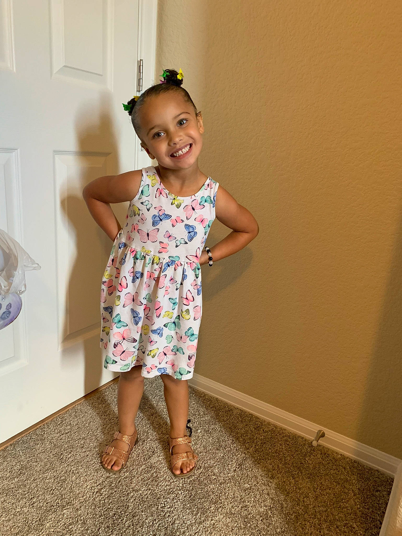Emeri joined the competition — help win amazing prizes! baby_toddler_clothing, child, day_dress, dress, fashion_design, flooring, fun, happy, human_leg, joint, joy, magenta, one_piece_garment, pattern, person, sandal, shoulder, sleeve, smile, thigh