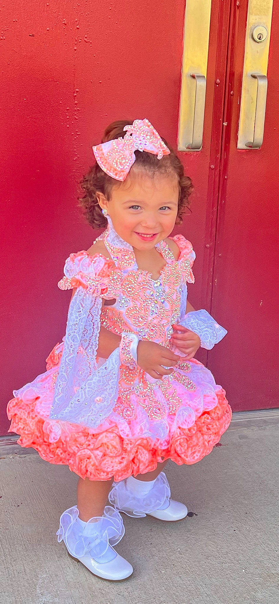 Brynlie Rayne joined the competition — help win amazing prizes! baby_toddler_clothing, child, day_dress, door, dress, embellishment, fashion_design, fun, happy, joy, magenta, one_piece_garment, pattern, person, pink, purple, red, ruffle, sleeve, smile