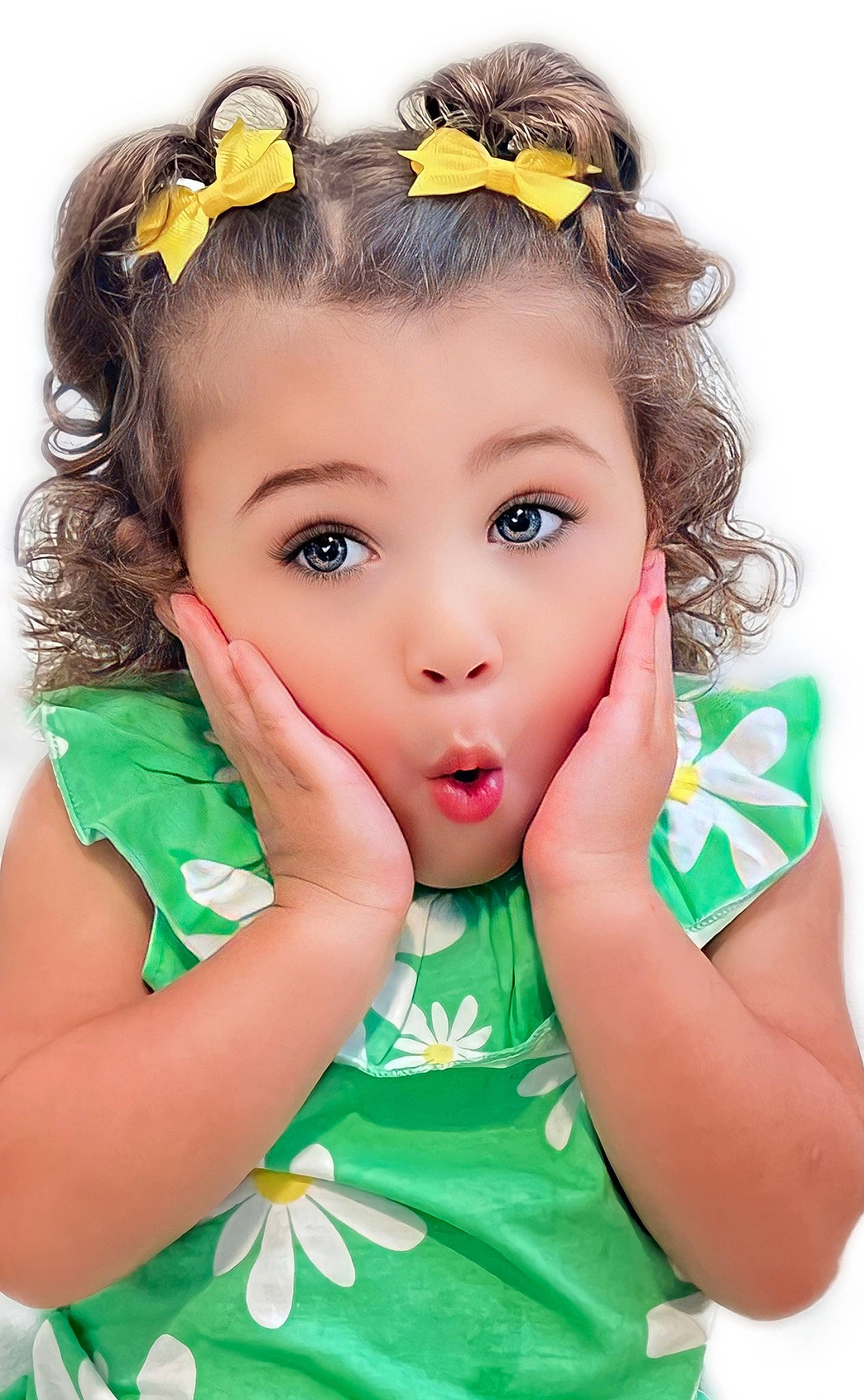 Brynlie Rayne is registered to the contest to win money with this photo: arm, baby_toddler_clothing, beauty, brown_hair, cheek, child, ear, eyelash, fashion_accessory, gesture, hair_accessory, hairstyle, happy, headband, headpiece, iris, jewellery, person, skin, surprise