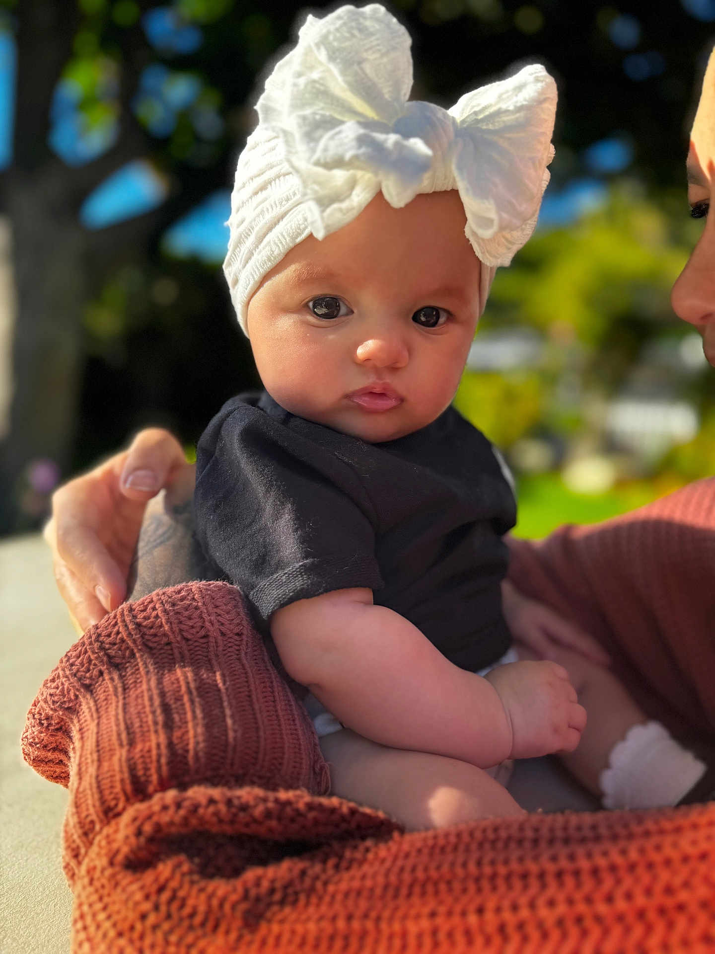 Ellie Grace is registered to the contest to win money with this photo: baby, child, white_bow, headwear, black_shirt, adult_hand, knit_sweater, outdoor, sunlight, greenery, soft_focus, portrait, cute, infant, person, skin, face, holding, warm_colors, closeup
