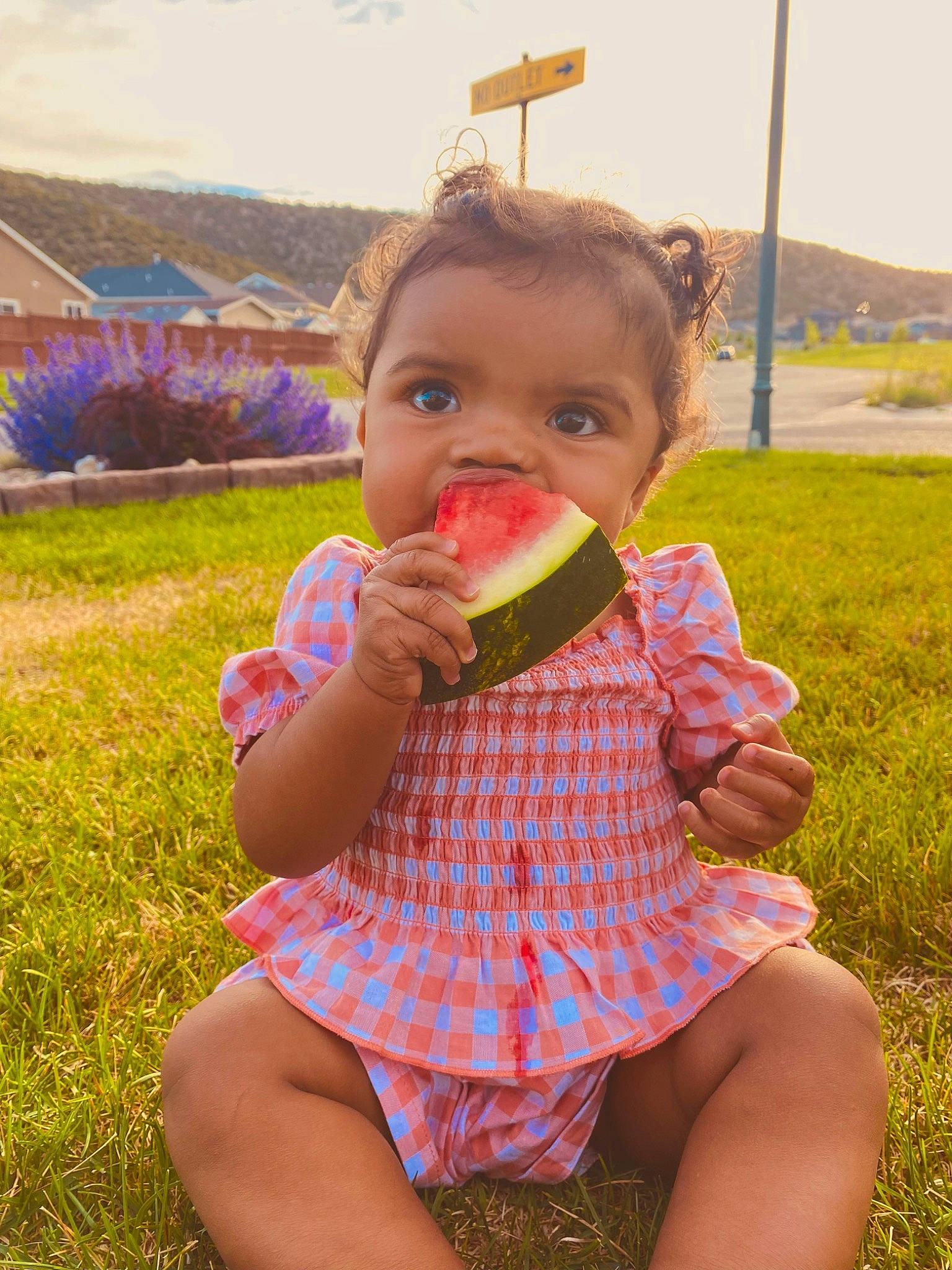 Maliah is registered to the contest to win money with this photo: baby_toddler_clothing, child, dress, fruit, fun, grass, grass_family, grassland, happy, leaf, leisure, lip, people_in_nature, person, plant, sitting, skin, sky, spring, summer