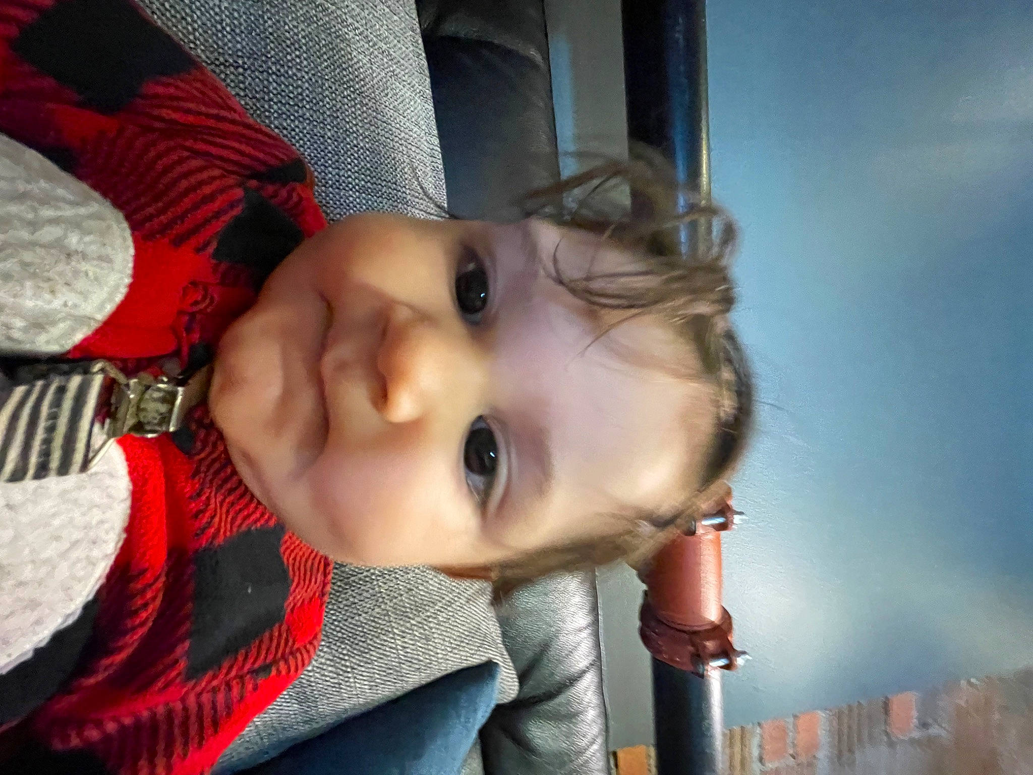 Andre is registered to the contest to win money with this photo: baby, baby_toddler_clothing, cheek, child, chin, eye, eyebrow, eyelash, flash_photography, happy, iris, lip, mouth, nose, pattern, person, plaid, skin, toddler, tree