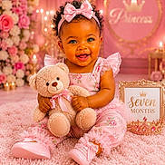 Chloe Orelus is registered to the contest to win money with this photo: baby, child, teddy_bear, pink, dress, headband, smile, happy, flowers, candle, rug, toy, portrait, indoors, decor, frame, crown, footwear, celebration, person