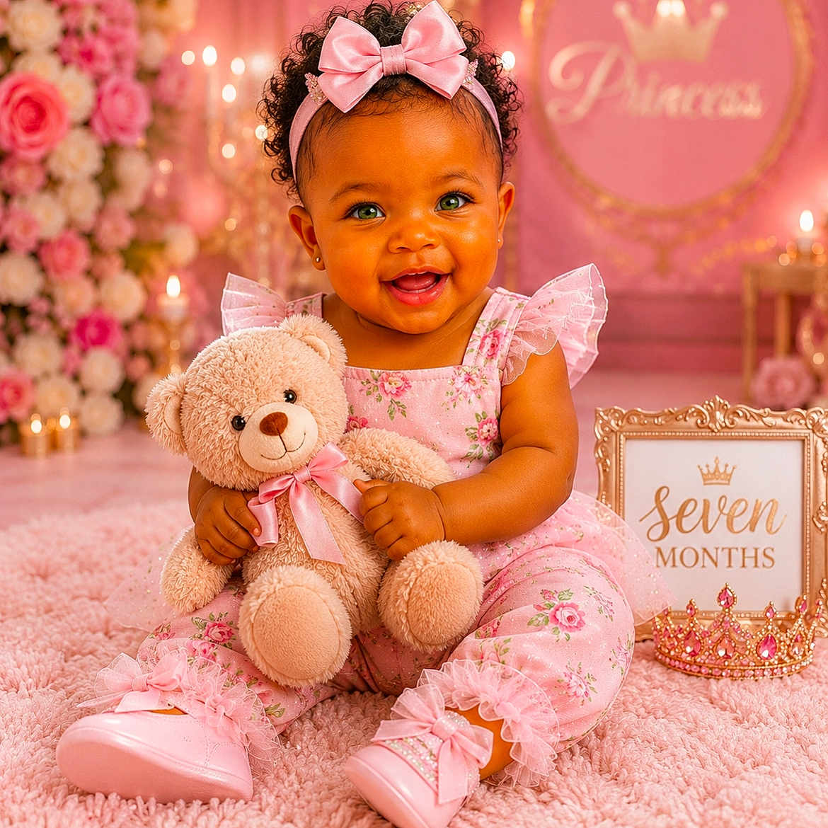 Chloe Orelus is registered to the contest to win money with this photo: baby, child, teddy_bear, pink, dress, headband, smile, happy, flowers, candle, rug, toy, portrait, indoors, decor, frame, crown, footwear, celebration, person