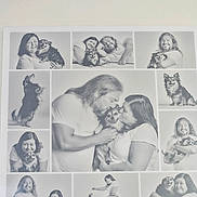 Patches is registered to the contest to win money with this photo: dog, person, couple, black_and_white, portrait, smiling, affection, pet, studio, love, playing, candid, happy, animal, posing, together, friendship, domestic_animal, family, outfit